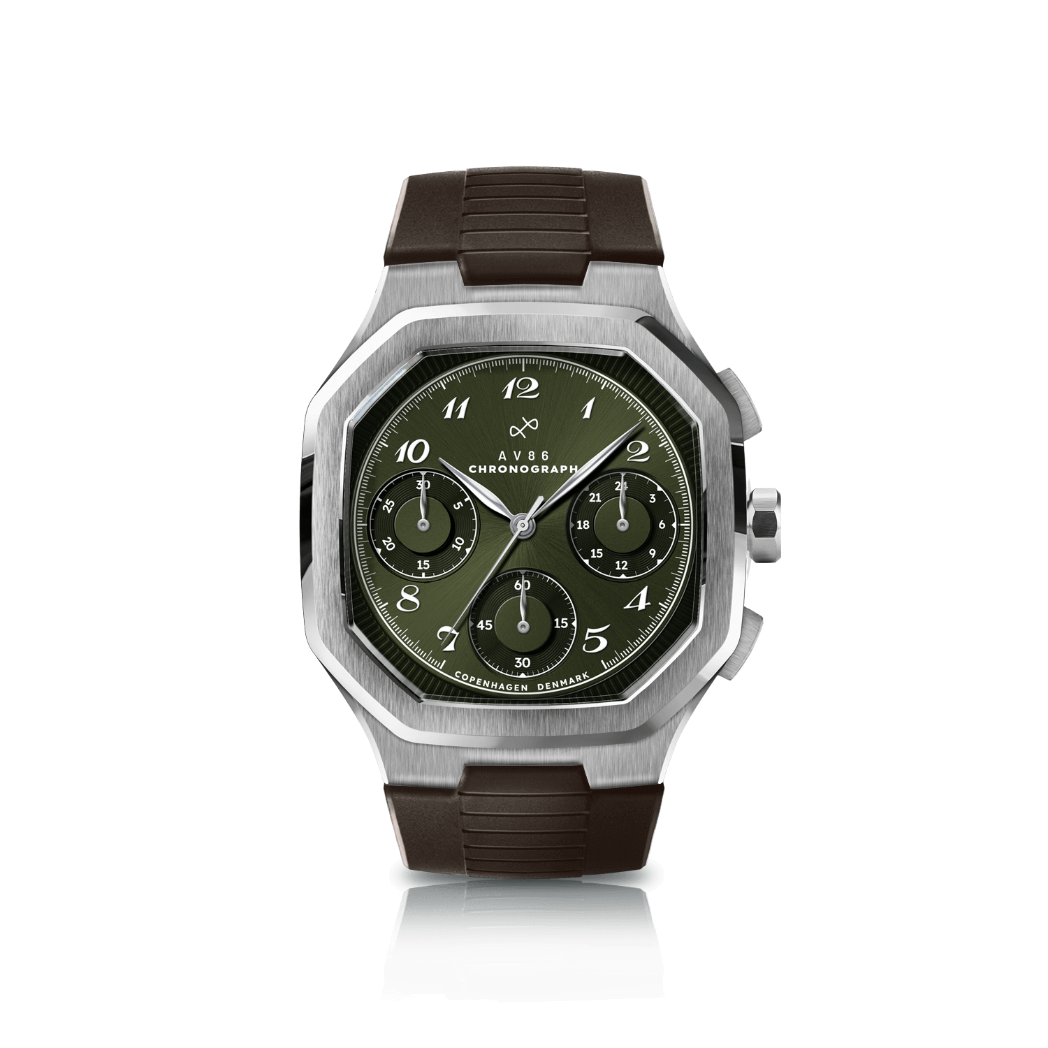 1904 Chronograph by AV86 with angular case, vintage-inspired dial, sapphire crystal, chronograph subdials, and textured rubber strap