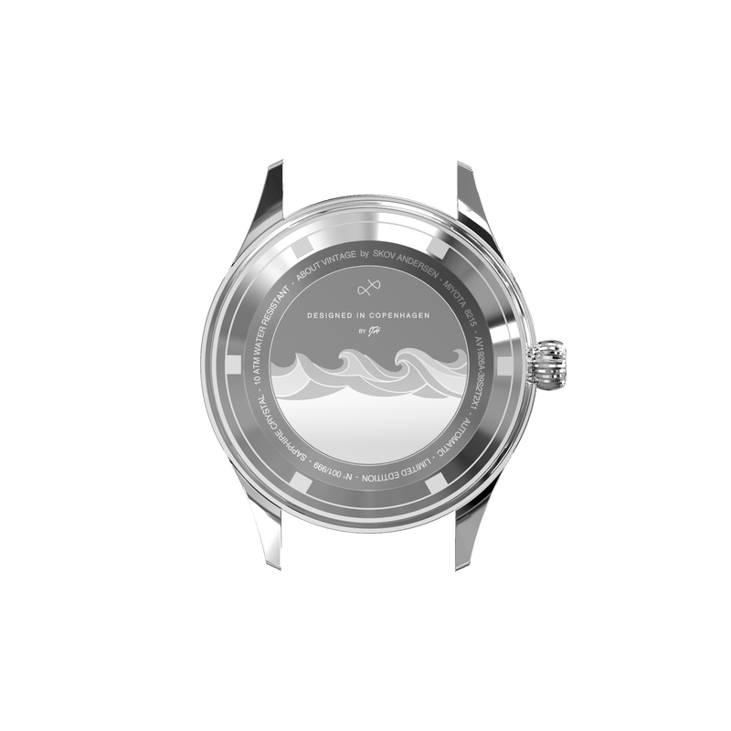 1926 Automatic by AV86 limited edition case back with engraved wave motif, sapphire crystal, and stainless steel finish