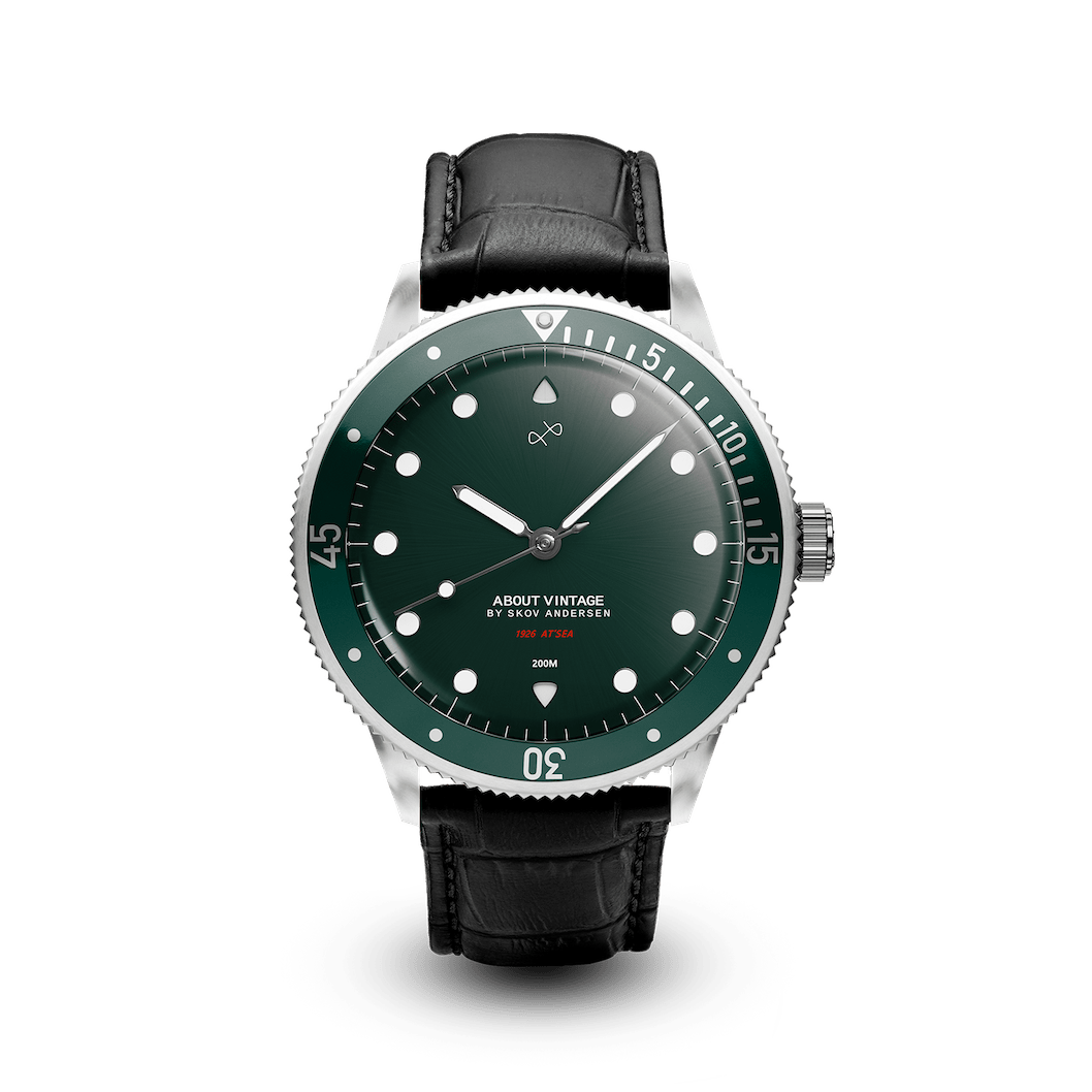 1926 At'sea by AV86 vintage-inspired diver with sapphire crystal, compass bezel, and black leather strap