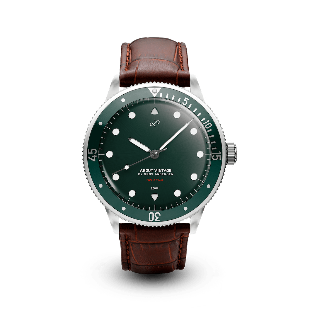 1926 At'sea by AV86 vintage-inspired diver with sapphire crystal, compass bezel, and brown leather strap