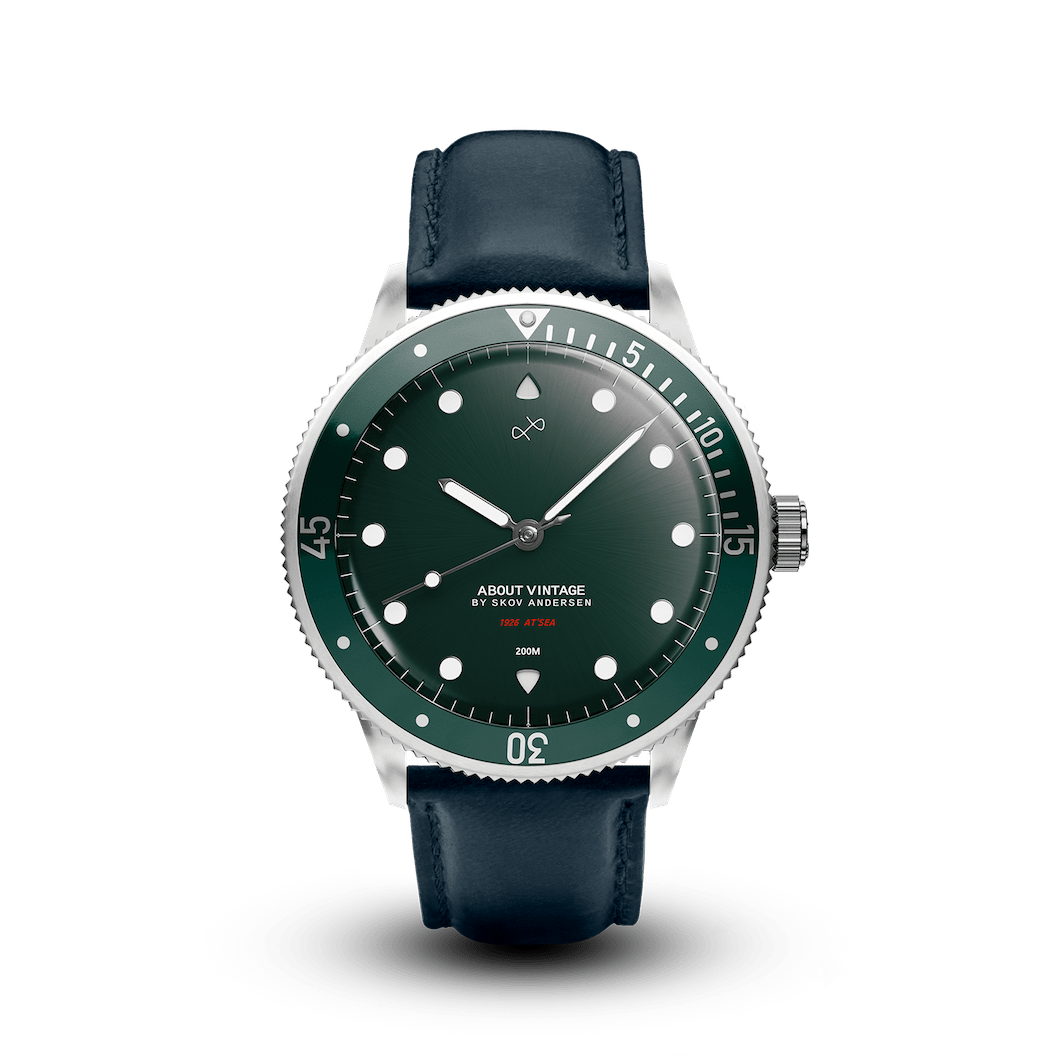 1926 At'sea by AV86 vintage-inspired diver with sapphire crystal, compass bezel, and leather strap in minimalist Scandinavian style