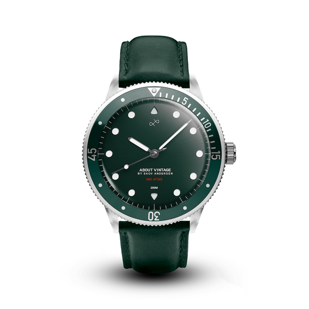 1926 At'sea by AV86 luxury diver with vintage-inspired dial, sapphire crystal, compass bezel, and leather strap