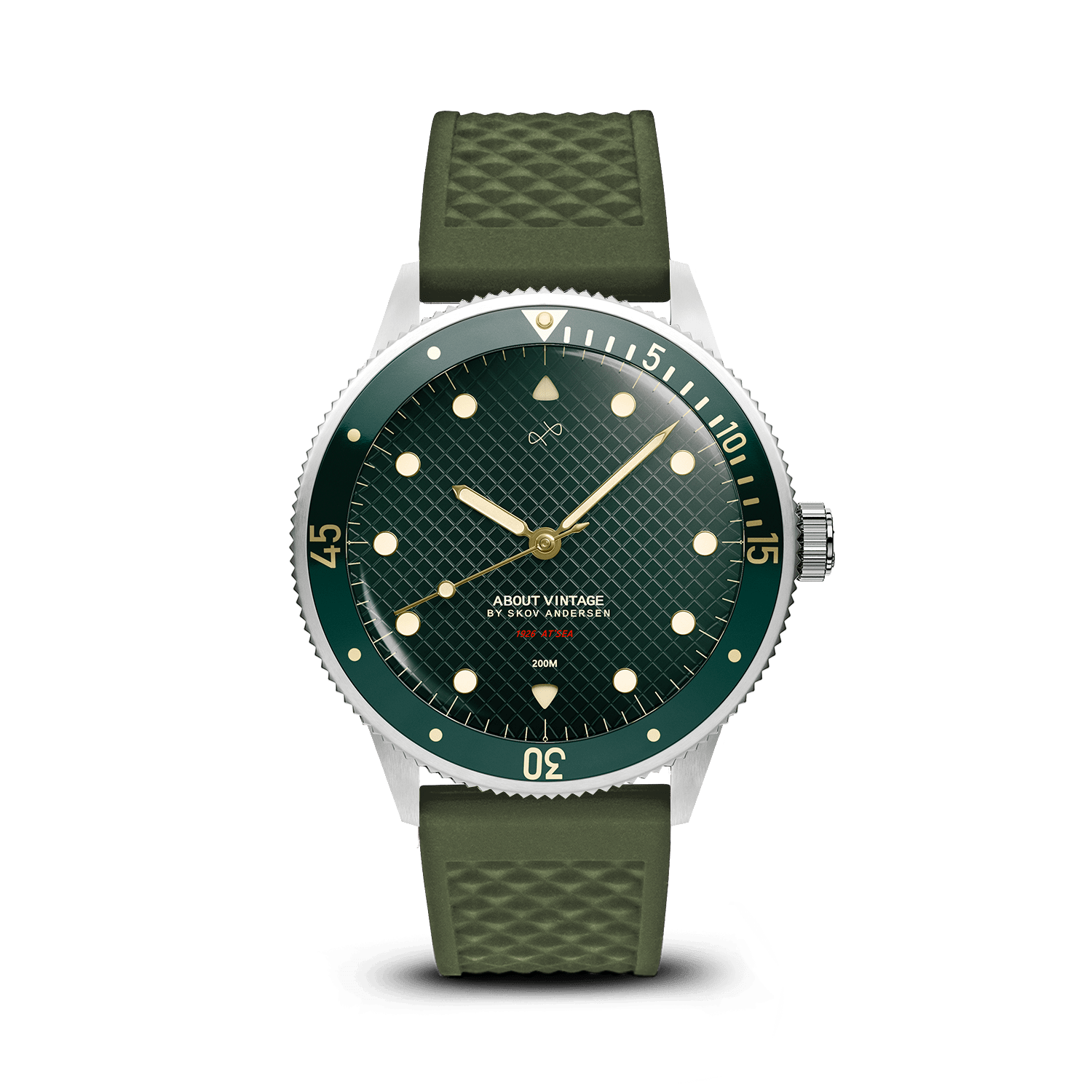 1926 At'sea, Green Turtle Vintage – 39MM by AV86 vintage-inspired diver with sapphire crystal, textured bezel, and rubber strap