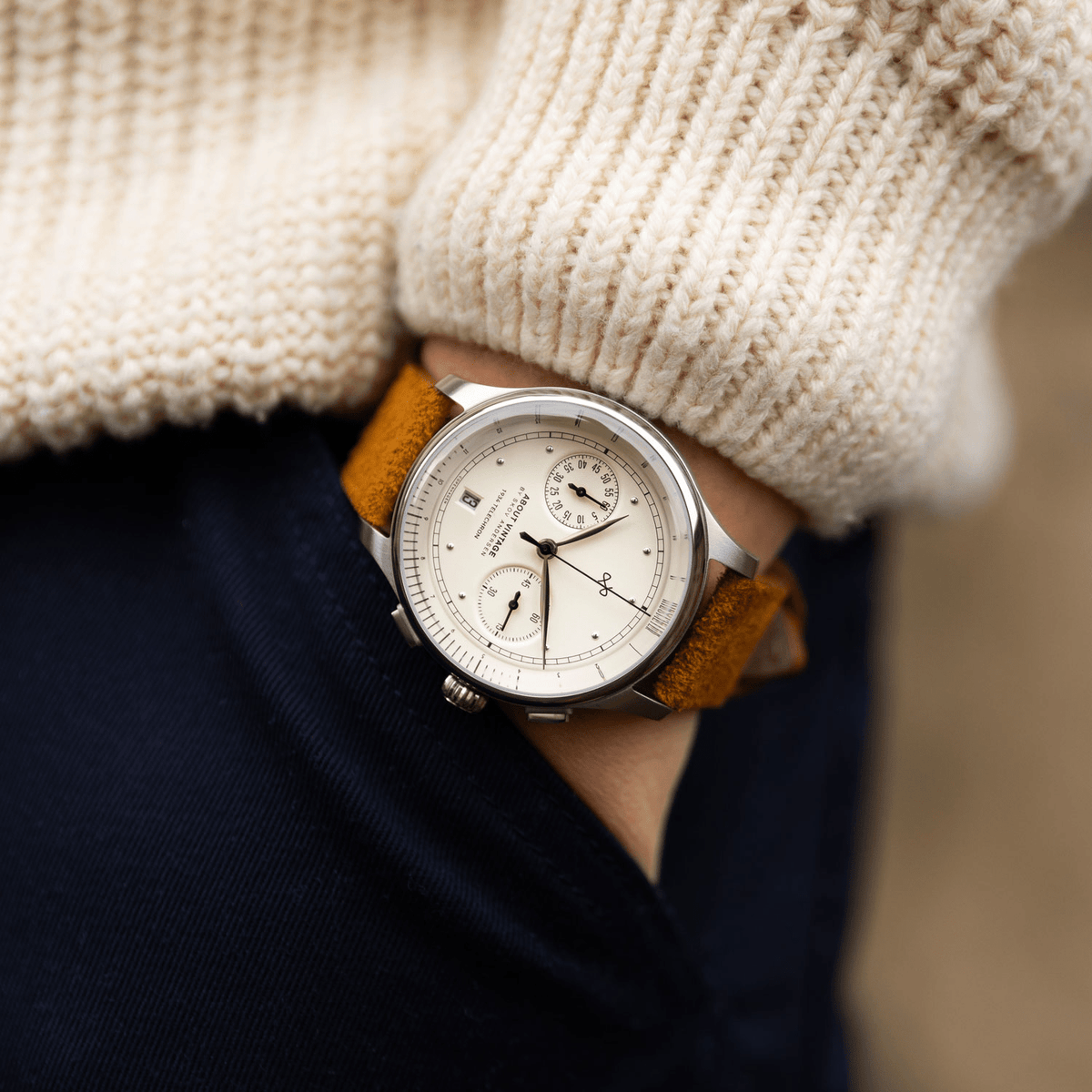 1934 Telechron by AV86 vintage-inspired chronograph with telemeter, sapphire crystal, and suede leather strap in a casual setting