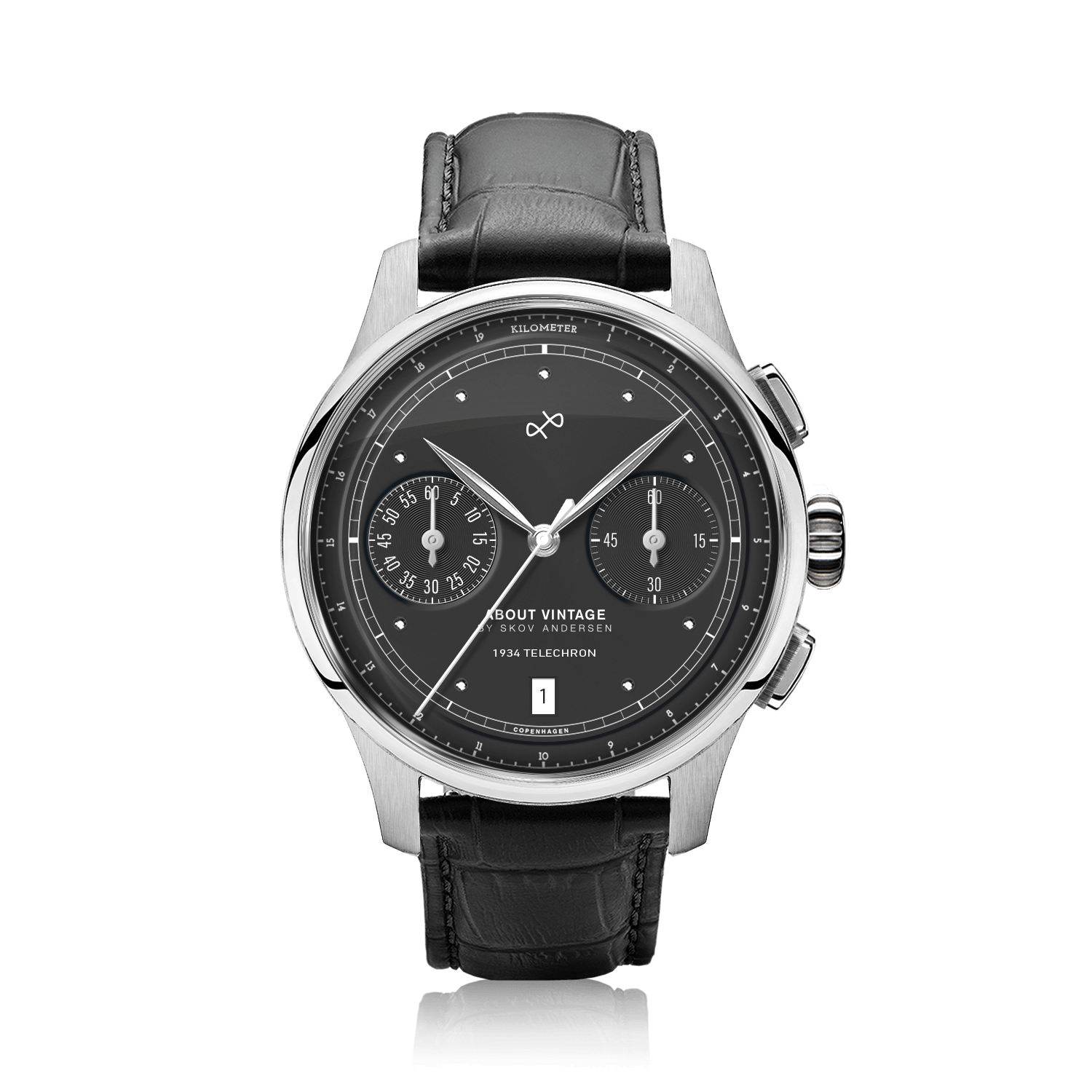 1934 Telechron, Steel / Black by AV86 features a vintage-inspired chronograph with a black dial, dual subdials, date window, sapphire crystal, polished steel case, and a textured black leather strap embodying Danish horological precision and Nordic minimalism.
