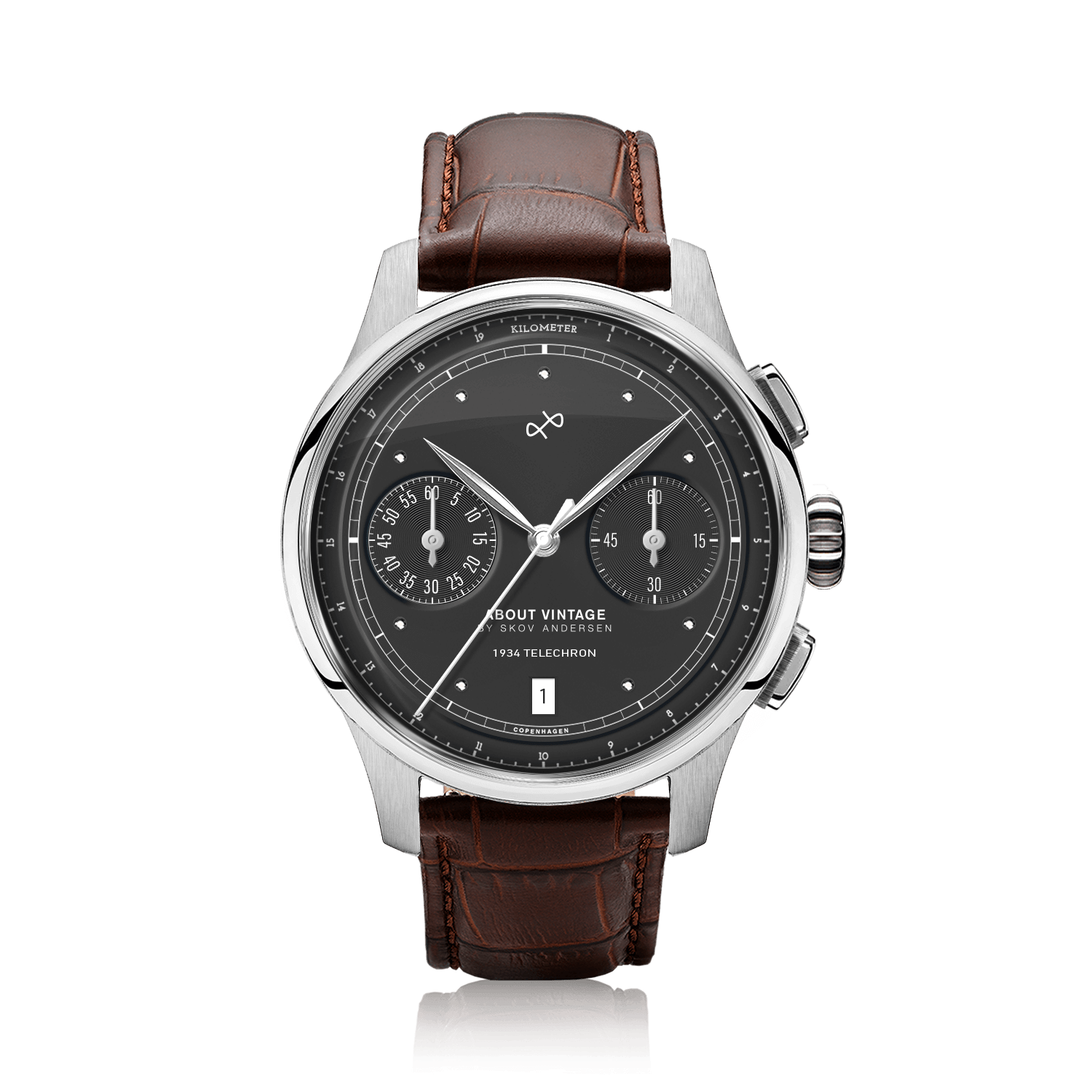 1934 Telechron, Steel / Black by AV86 presents a vintage-inspired chronograph with a black dial, dual subdials, date display, polished steel case, sapphire crystal, and a textured brown leather strap, reflecting Danish design and Nordic minimalism.