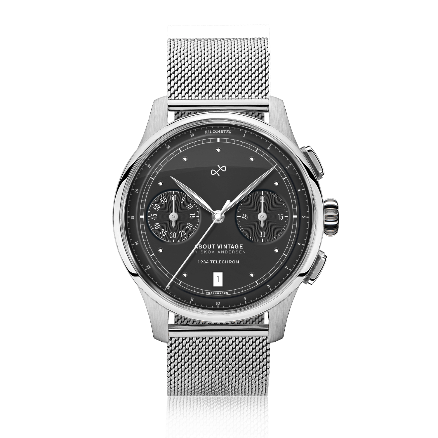 1934 Telechron by AV86 features a vintage-inspired chronograph with a black dial, twin subdials, date window, polished steel case, sapphire crystal, and a refined steel mesh bracelet, exemplifying Danish horological precision and Nordic minimalism.