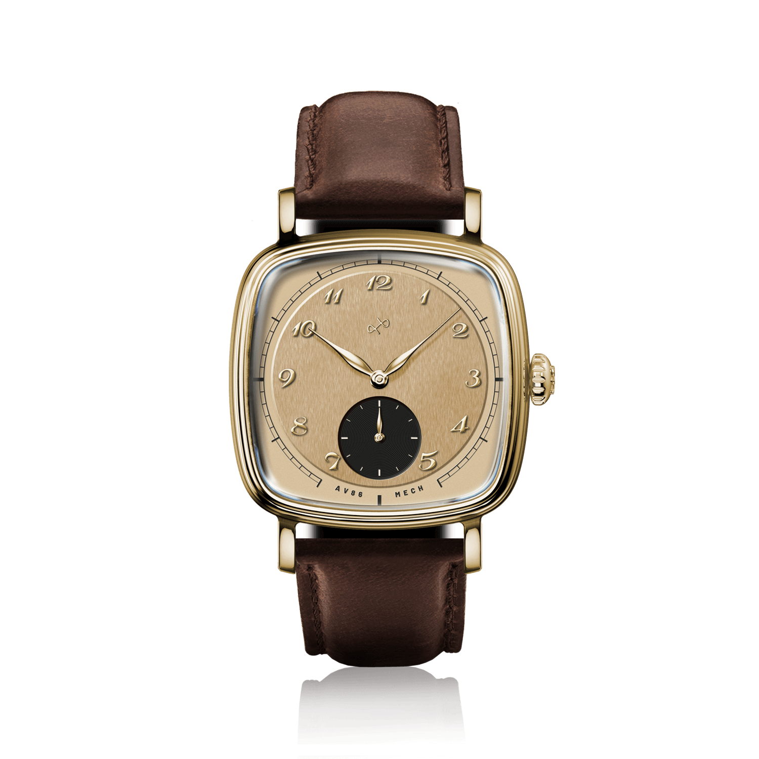 1954 Amalfi Mechanical by AV86 features a vintage-inspired automatic watch with a gold-tone square case, textured dial, and leather strap.