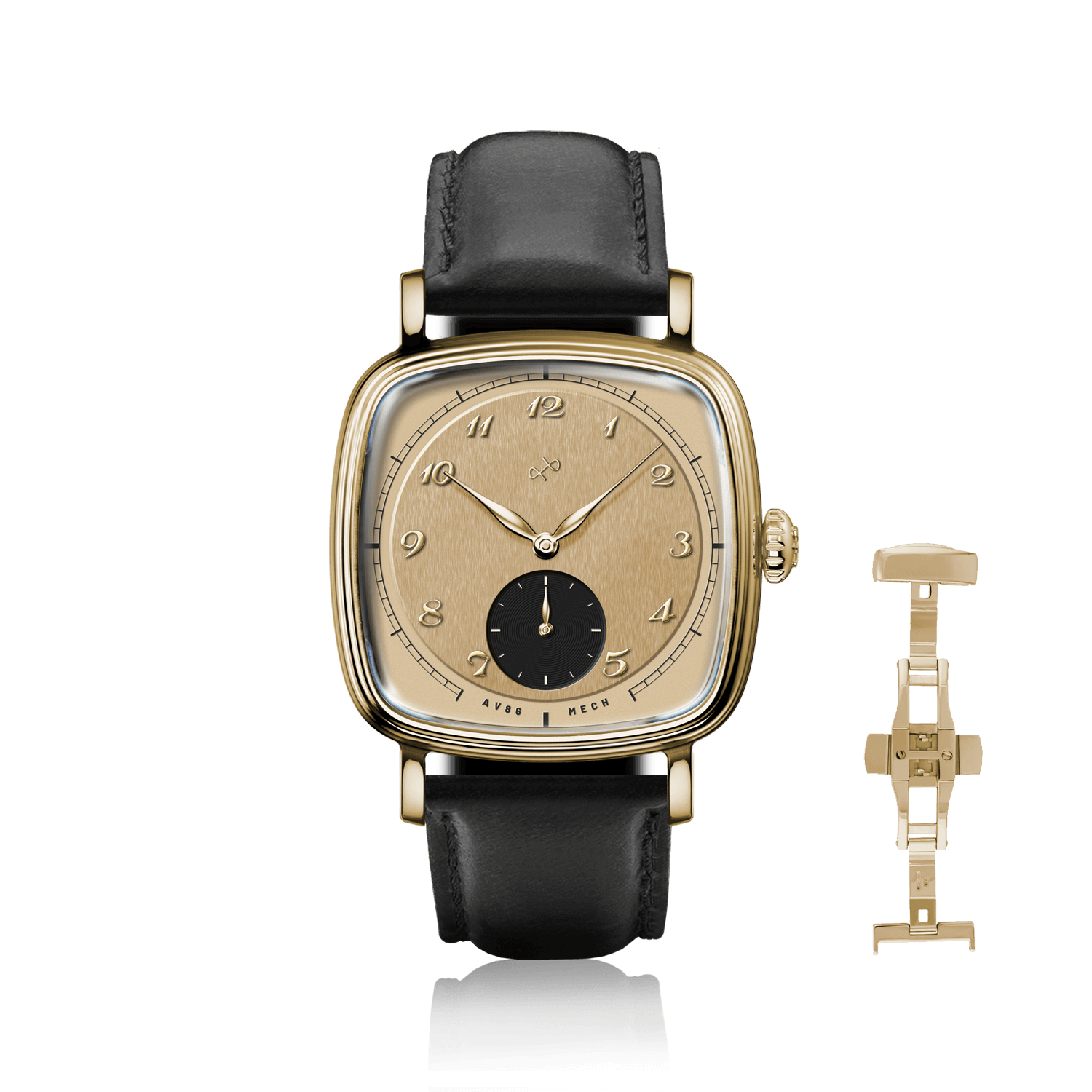 1954 Amalfi Mechanical by AV86 features a vintage-inspired mechanical watch with a square gold case, black leather strap, and small seconds dial.