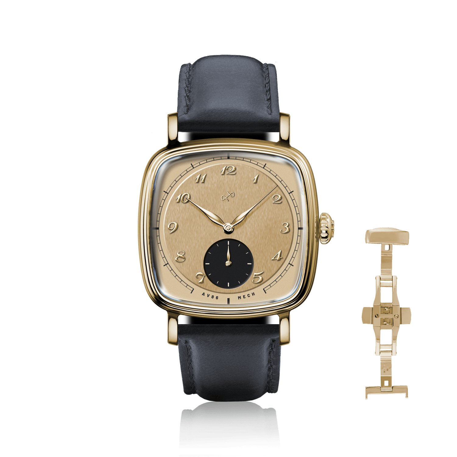 1954 Amalfi Mechanical by AV86 vintage-inspired mechanical watch with gold case, black leather strap, and minimalist dial design