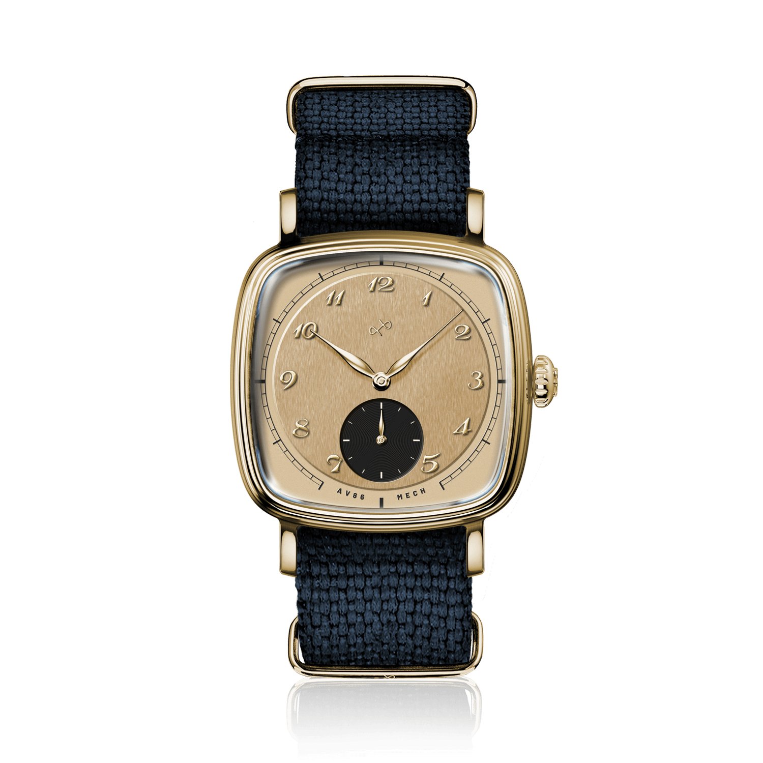 1954 Amalfi Mechanical by AV86, vintage-inspired mechanical watch with gold case, textured dial, small seconds subdial, and fabric strap