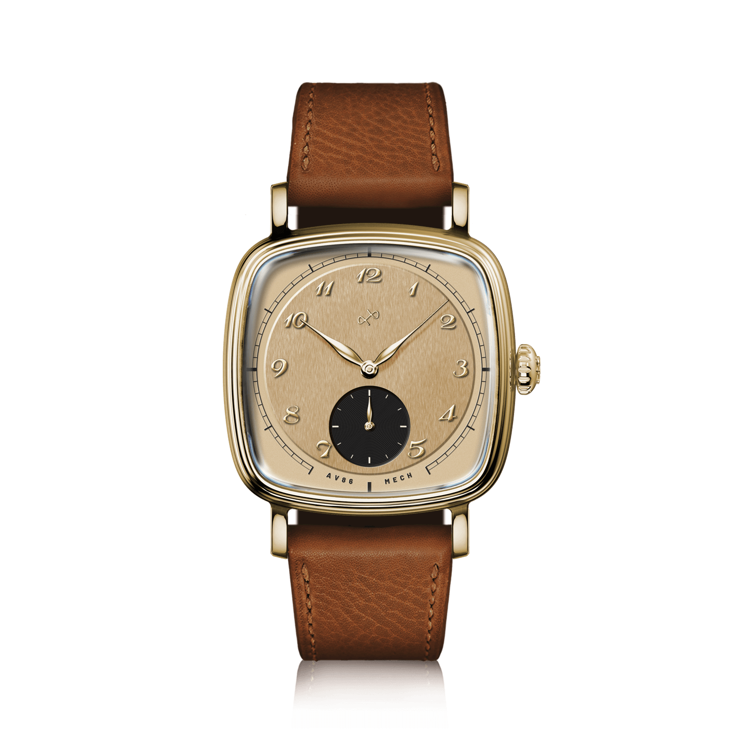 1954 Amalfi Mechanical by AV86 features a vintage-inspired mechanical dress watch with leather strap and gold-tone case