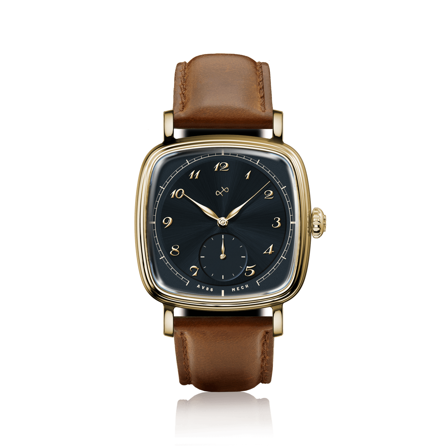 1954 Amalfi Mechanical by AV86, vintage-inspired dress watch with gold case, black dial, Arabic numerals, and brown leather strap