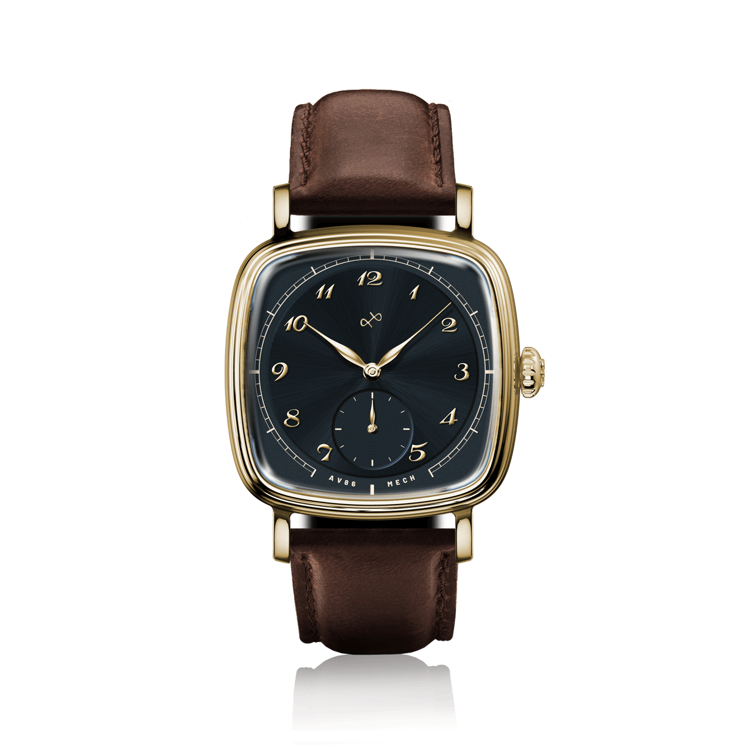 1954 Amalfi Mechanical by AV86 luxury dress watch with polished gold case, sapphire crystal, mechanical small seconds, and brown leather strap