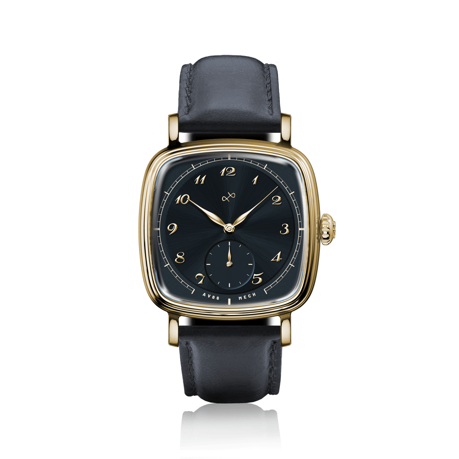 1954 Amalfi Mechanical by AV86 luxury dress watch with polished gold case, mechanical small seconds, sapphire crystal, and black leather strap
