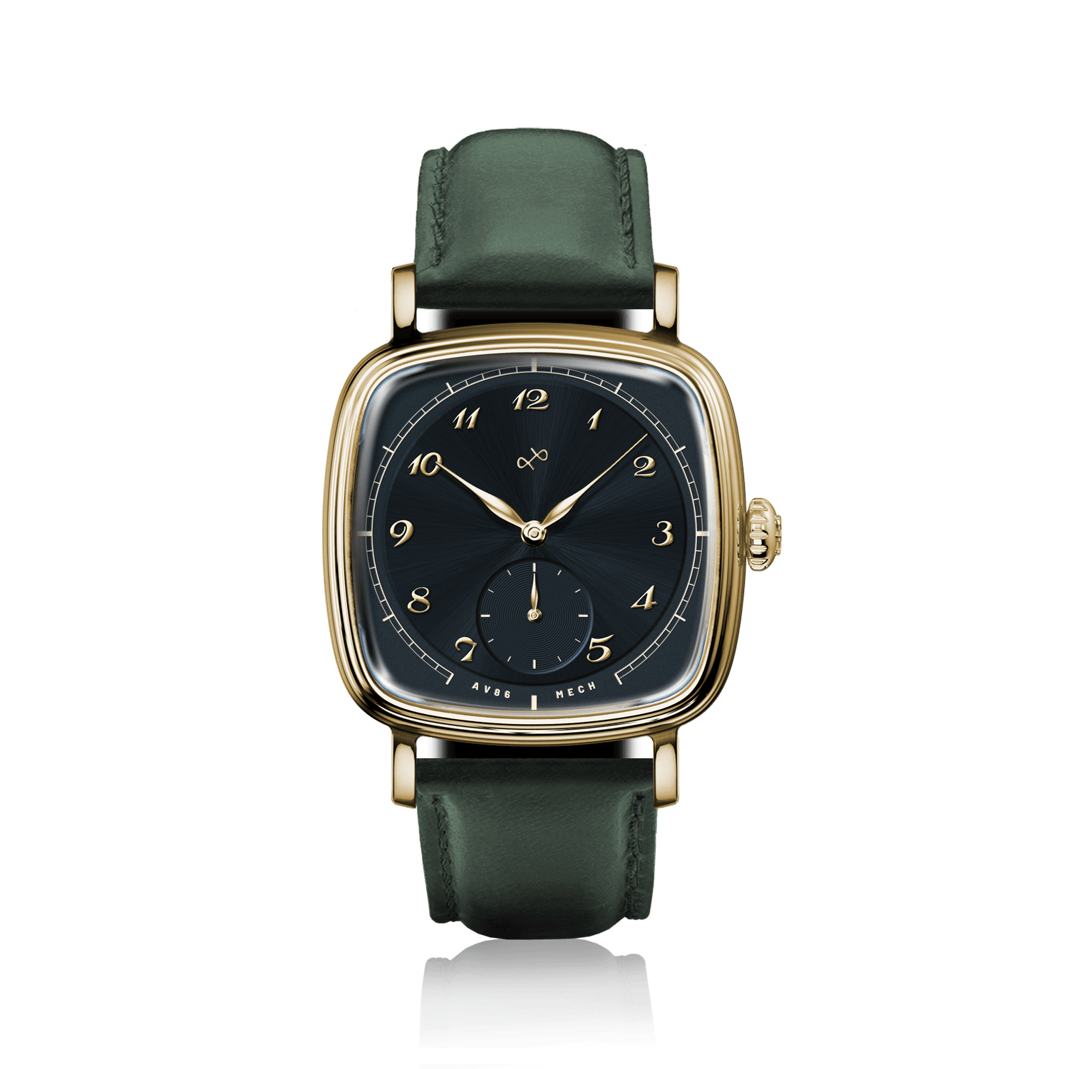 1954 Amalfi Mechanical by AV86 features a vintage-inspired square mechanical watch with gold case, black dial, and leather strap
