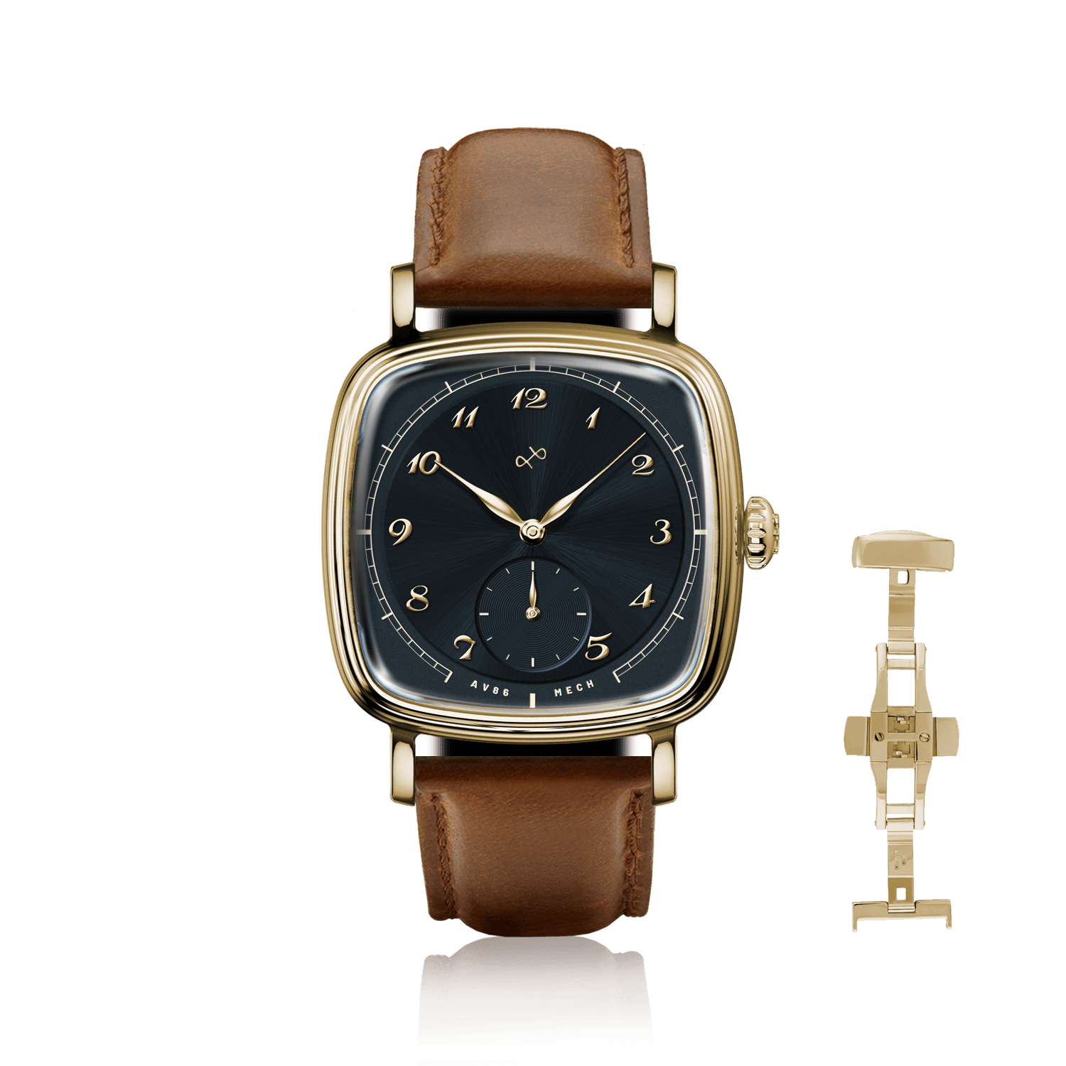 1954 Amalfi Mechanical by AV86, vintage-inspired automatic watch with black dial, Arabic numerals, brown leather strap, sapphire crystal