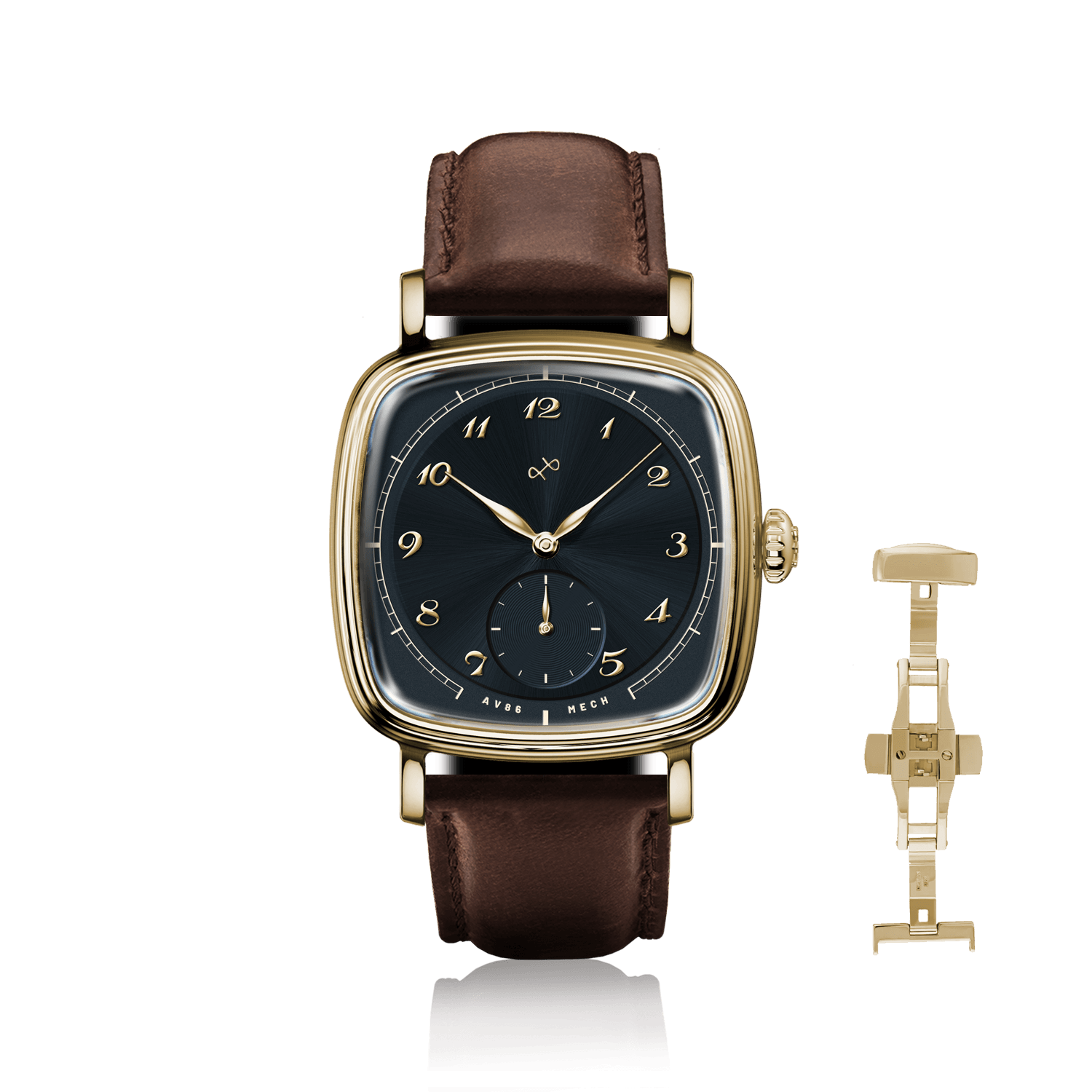 1954 Amalfi Mechanical, Gold / Midnight Blue by AV86 luxury dress watch with gold case, sapphire crystal, mechanical small seconds, and brown leather strap