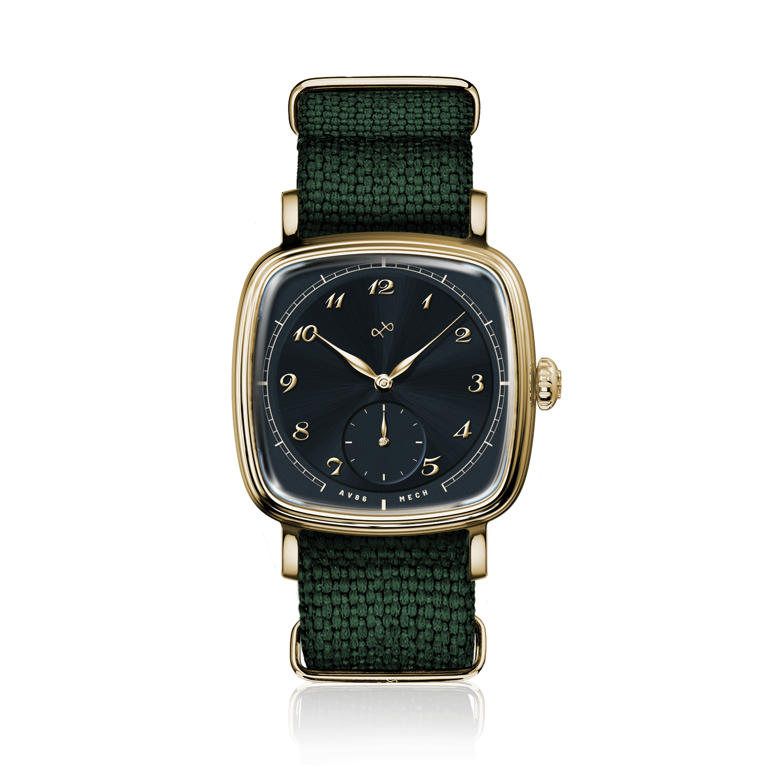 1954 Amalfi Mechanical, Gold / Midnight Blue by AV86 luxury mechanical dress watch with sapphire crystal, gold case, and woven textile strap