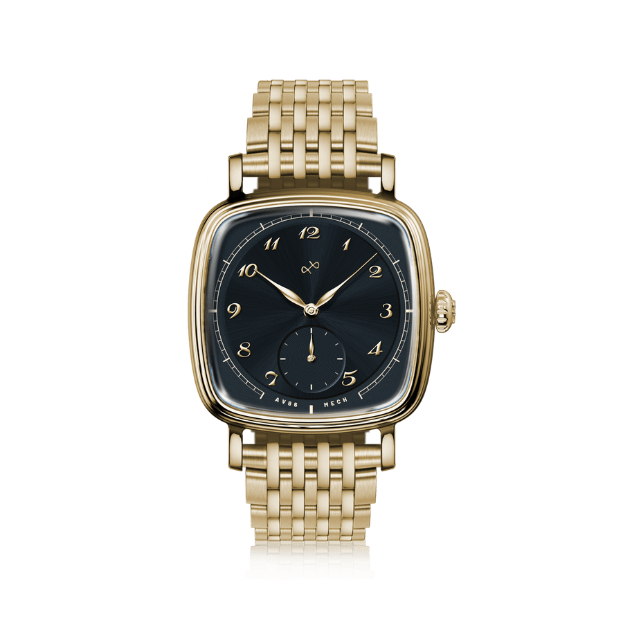 1954 Amalfi Mechanical by AV86 luxury dress watch with gold case, mechanical small seconds, curved sapphire crystal, and gold bracelet