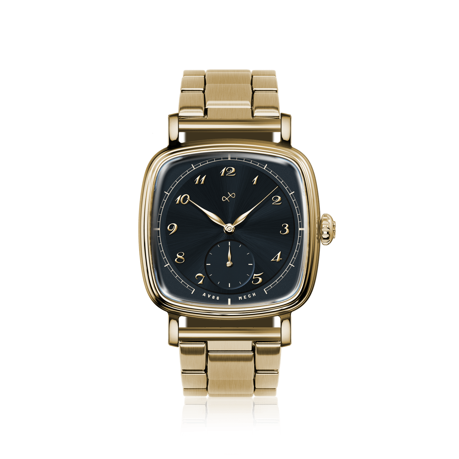 1954 Amalfi Mechanical, Gold / Midnight Blue by AV86 luxury dress watch with mechanical small seconds, gold case, and metal bracelet