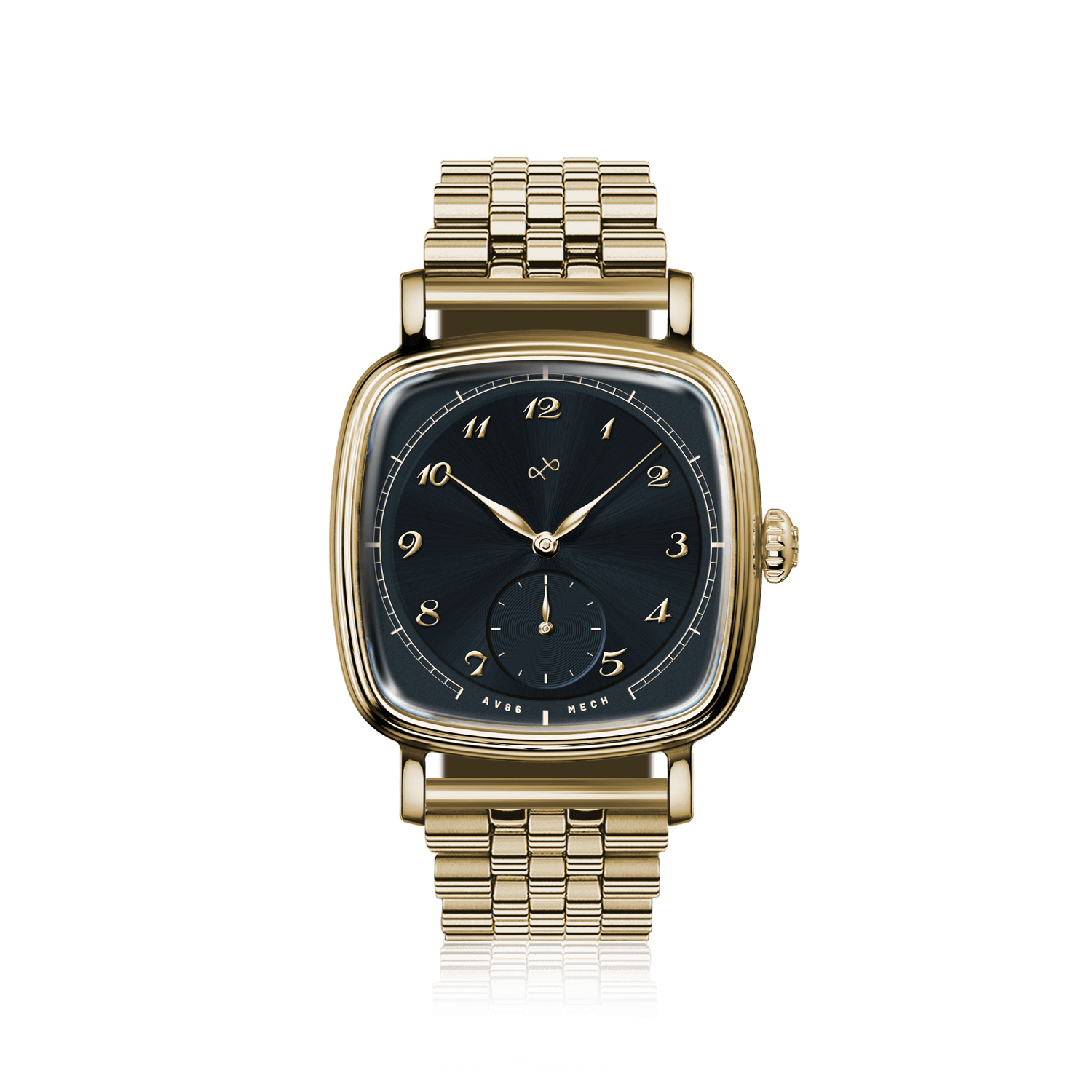 1954 Amalfi Mechanical by AV86 luxury dress watch with polished gold case, mechanical small seconds, sapphire crystal, and metal bracelet