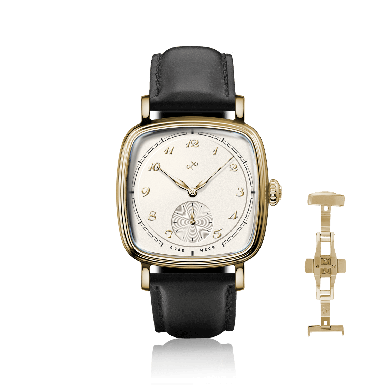 1954 Amalfi Mechanical by AV86 luxury dress watch with polished cushion case, off-white dial, small seconds, leather strap, deployant clasp