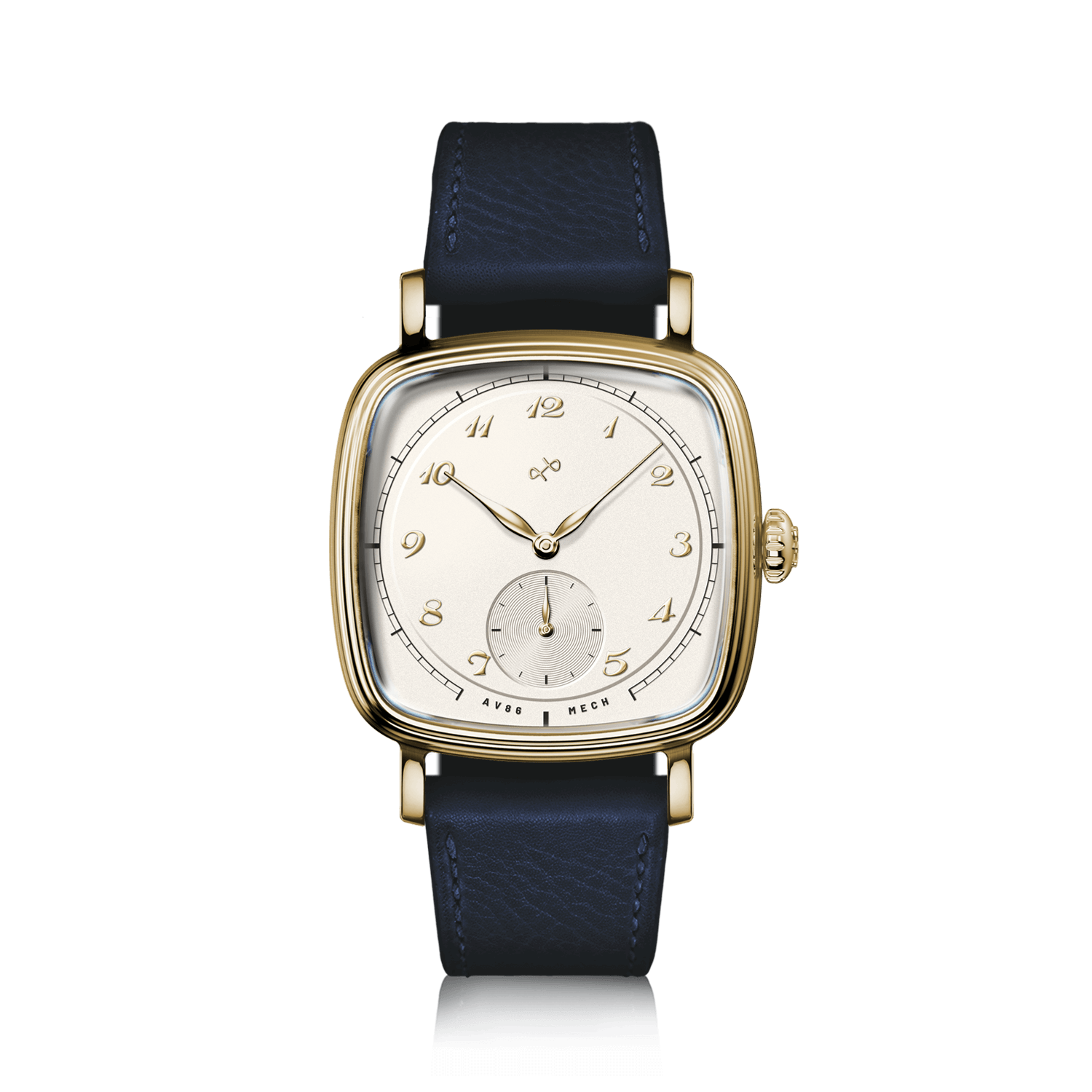 1954 Amalfi Mechanical by AV86 luxury dress watch with polished gold cushion case, vintage dial, small seconds, leather strap