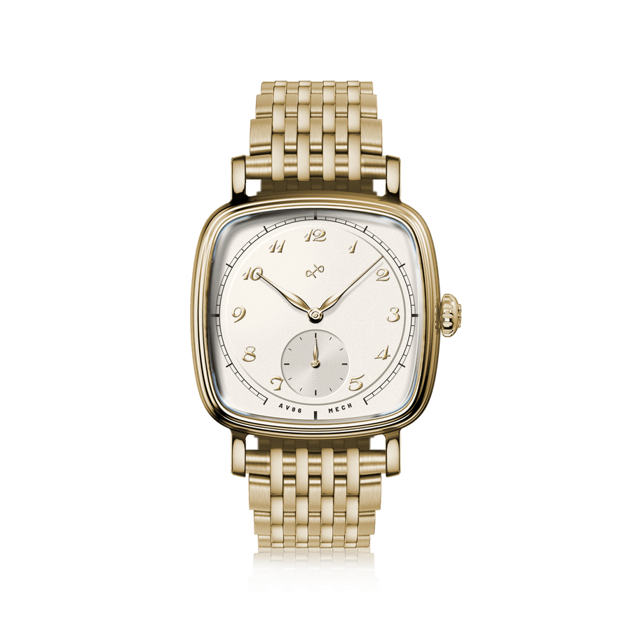 1954 Amalfi Mechanical by AV86 luxury dress watch with polished gold cushion case, mechanical movement, small seconds, metal link bracelet