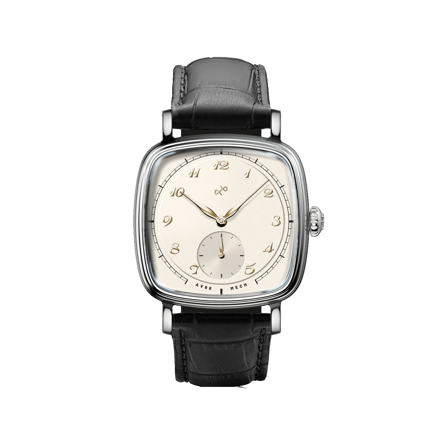 Vintage-inspired dress watch by AV86 with cushion case, mechanical small seconds, sapphire crystal, and black leather strap