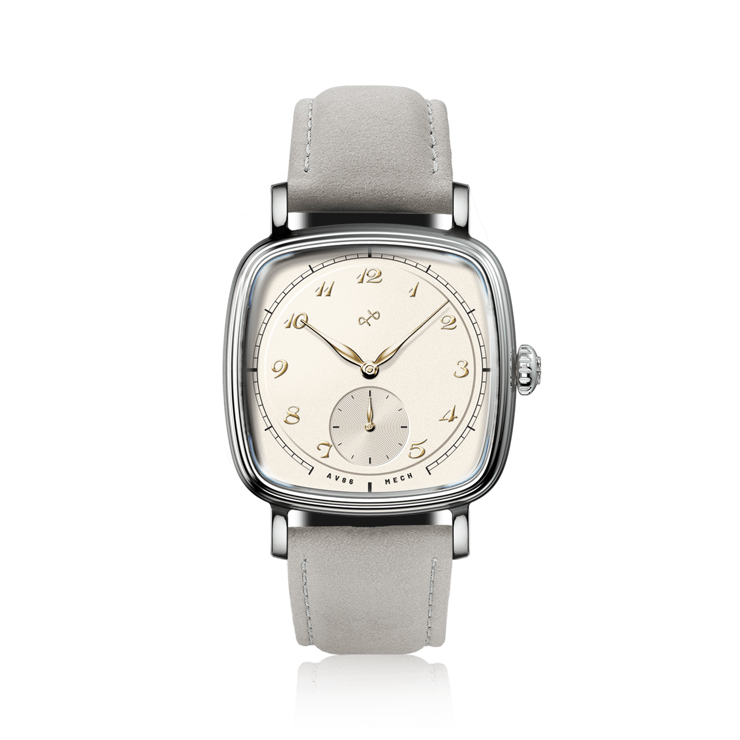 1954 Amalfi Mechanical, Steel / Off White by AV86, luxury timepiece with a square steel case and off white dial on suede strap