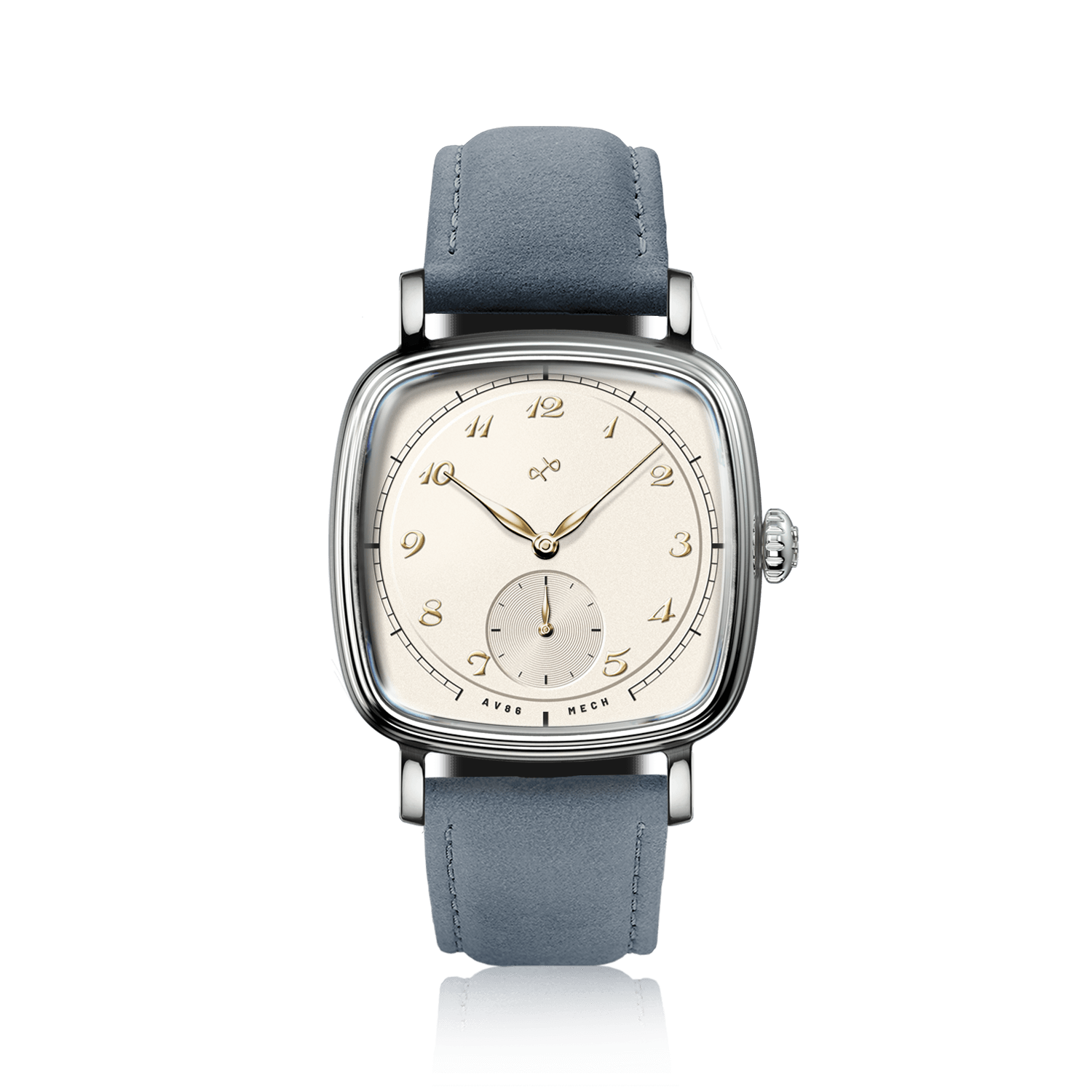 1954 Amalfi Mechanical, Steel / Off White by AV86, luxury vintage-inspired watch with off white dial and blue suede leather strap