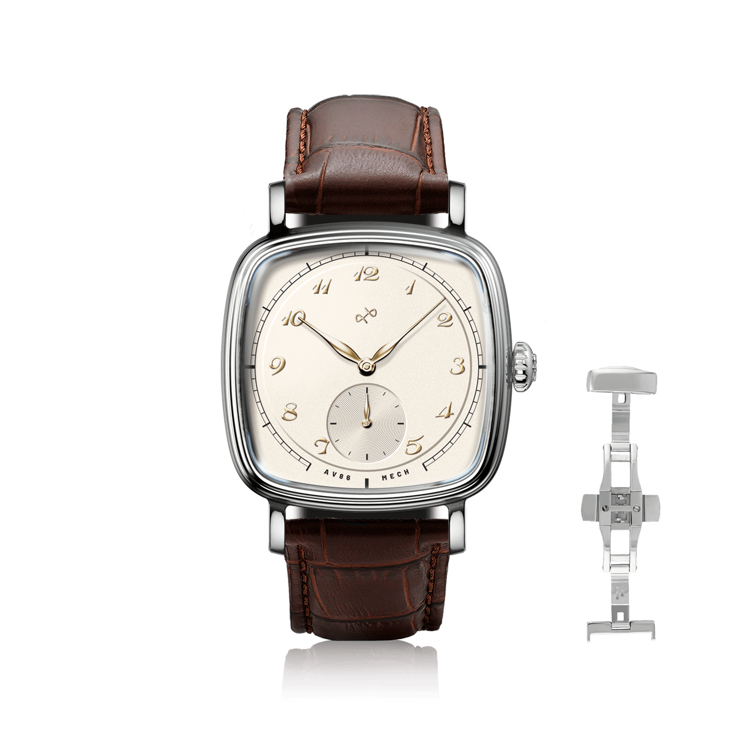 1954 Amalfi Mechanical, Steel / Off White by AV86 vintage-inspired watch with steel case and brown leather strap luxury timepiece
