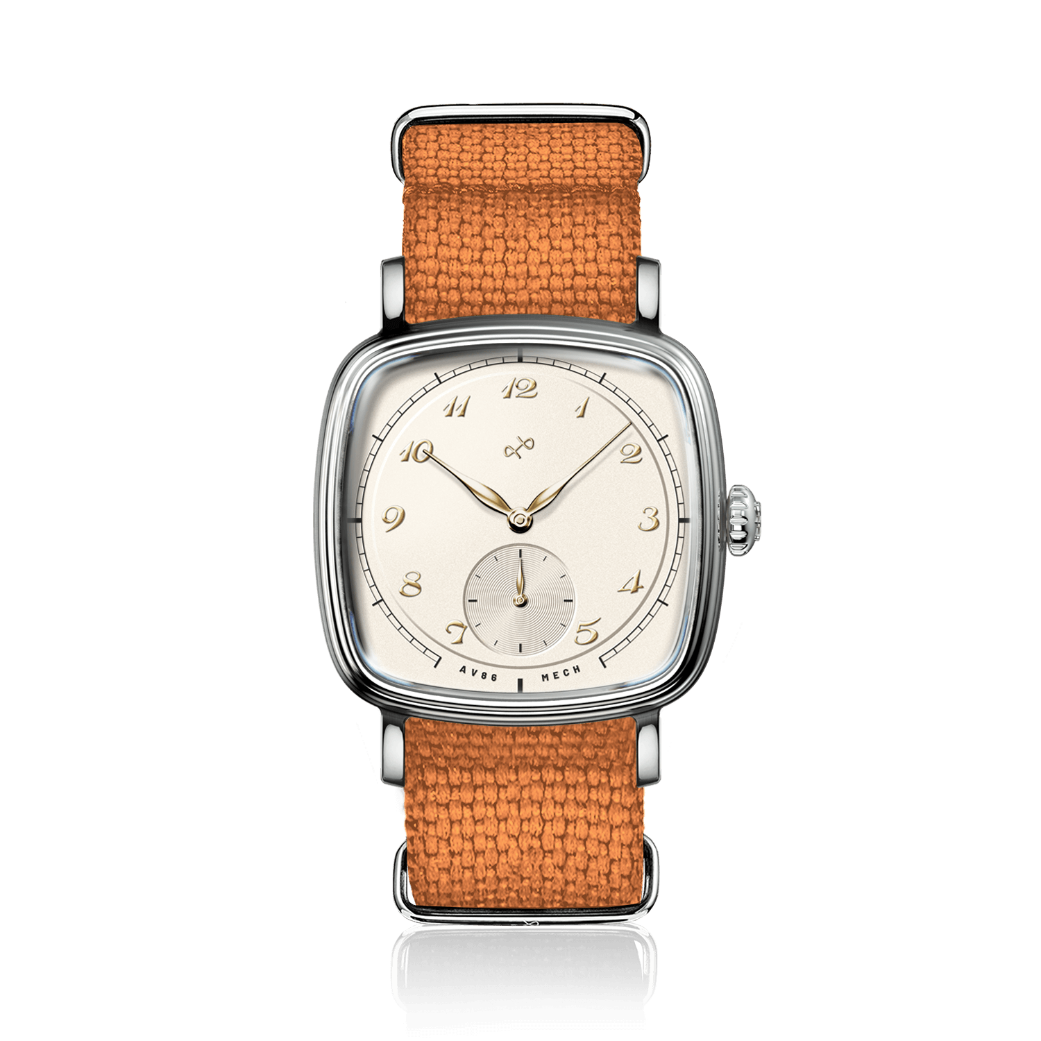 1954 Amalfi Mechanical, Steel / Off White watch by AV86 featuring a vintage-inspired dial and orange NATO strap design.