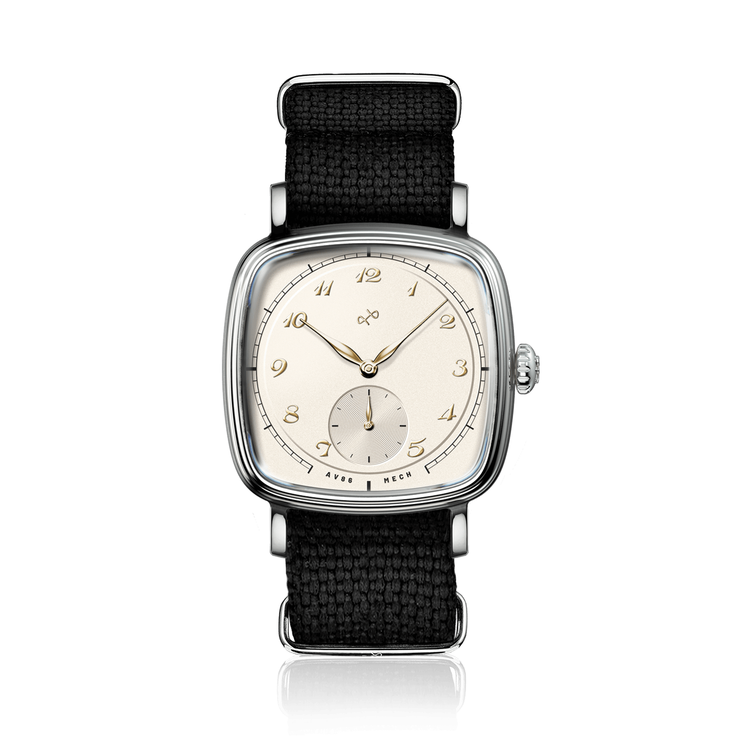 1954 Amalfi Mechanical, Steel / Off White watch by AV86 with a black fabric strap and vintage-inspired dial design