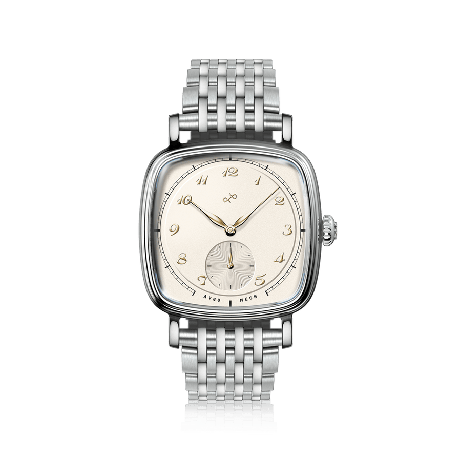 1954 Amalfi Mechanical by AV86 with polished cushion case, vintage-inspired dial, small seconds subdial, sapphire crystal, and stainless steel bracelet