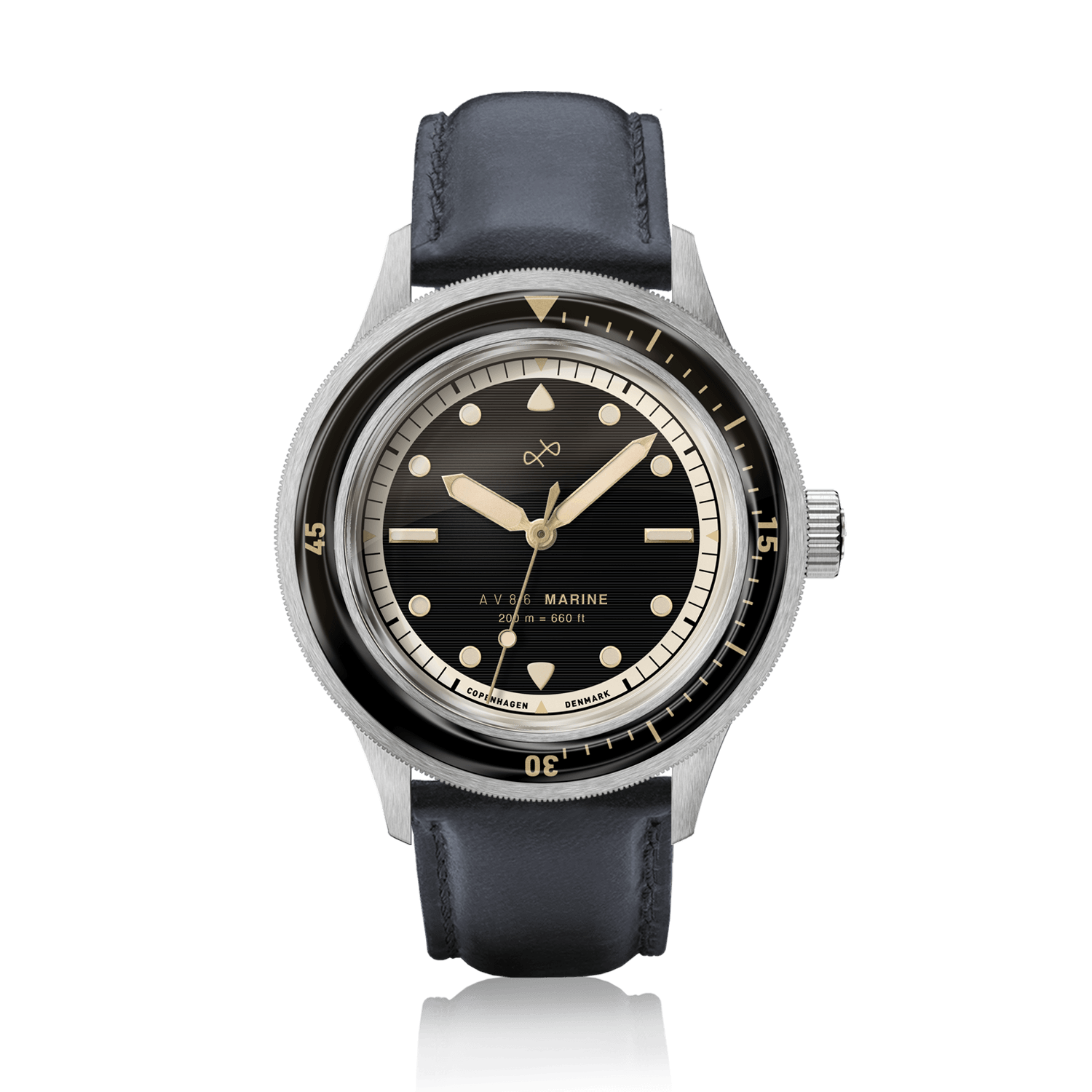 1956 Marine by AV86 luxury diver watch with sapphire crystal, vintage-inspired dial, rotating bezel, and black leather strap
