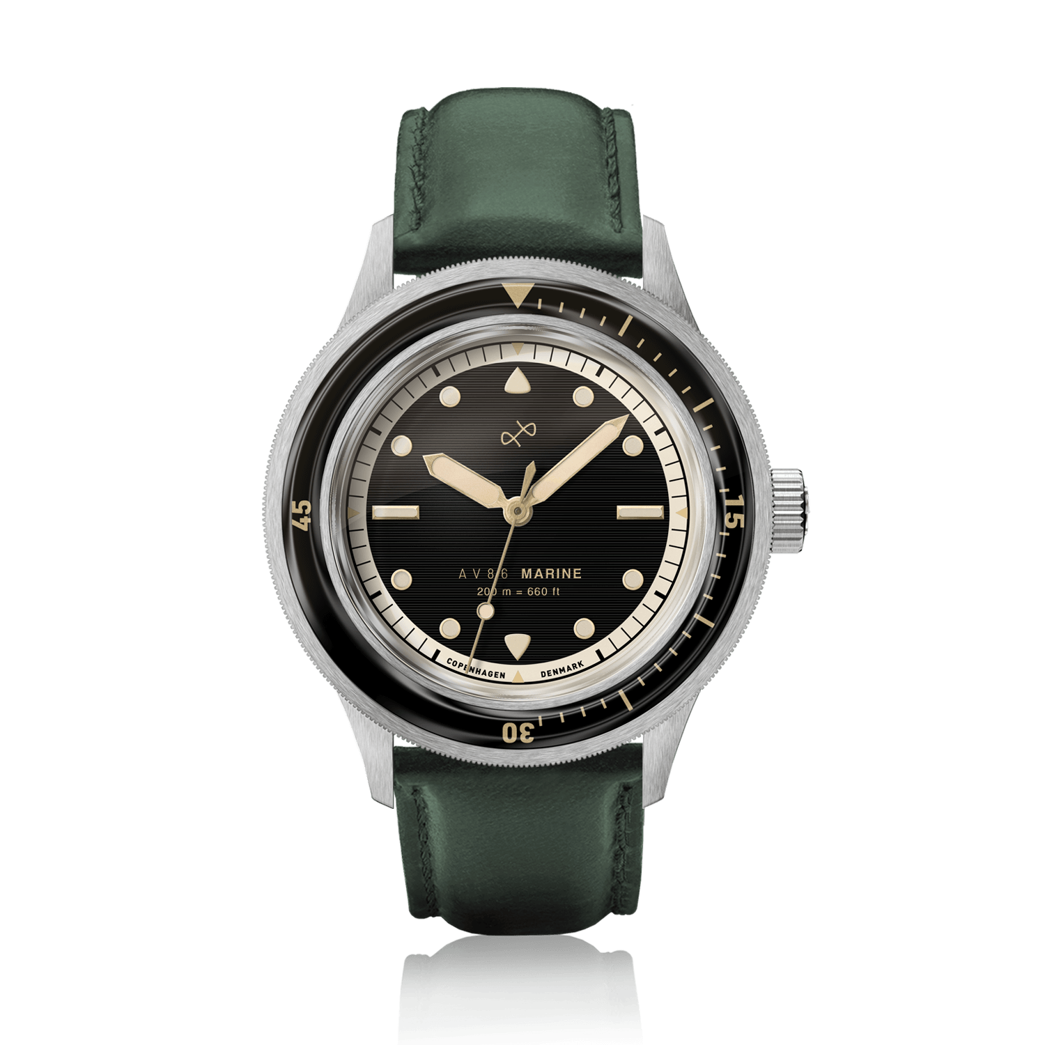 1956 Marine by AV86 vintage-inspired diver with black gilt dial, sapphire crystal, rotating bezel, and leather strap