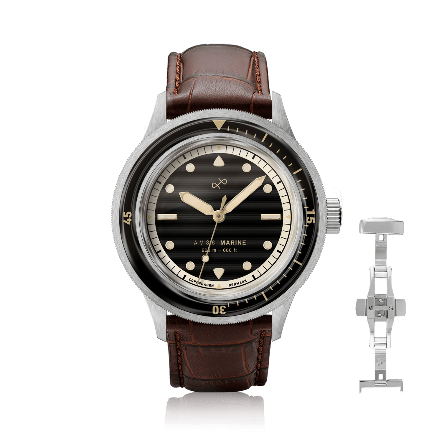 1956 Marine by AV86 vintage-inspired diver with sapphire crystal, compass bezel, and brown leather strap, luxury timepiece