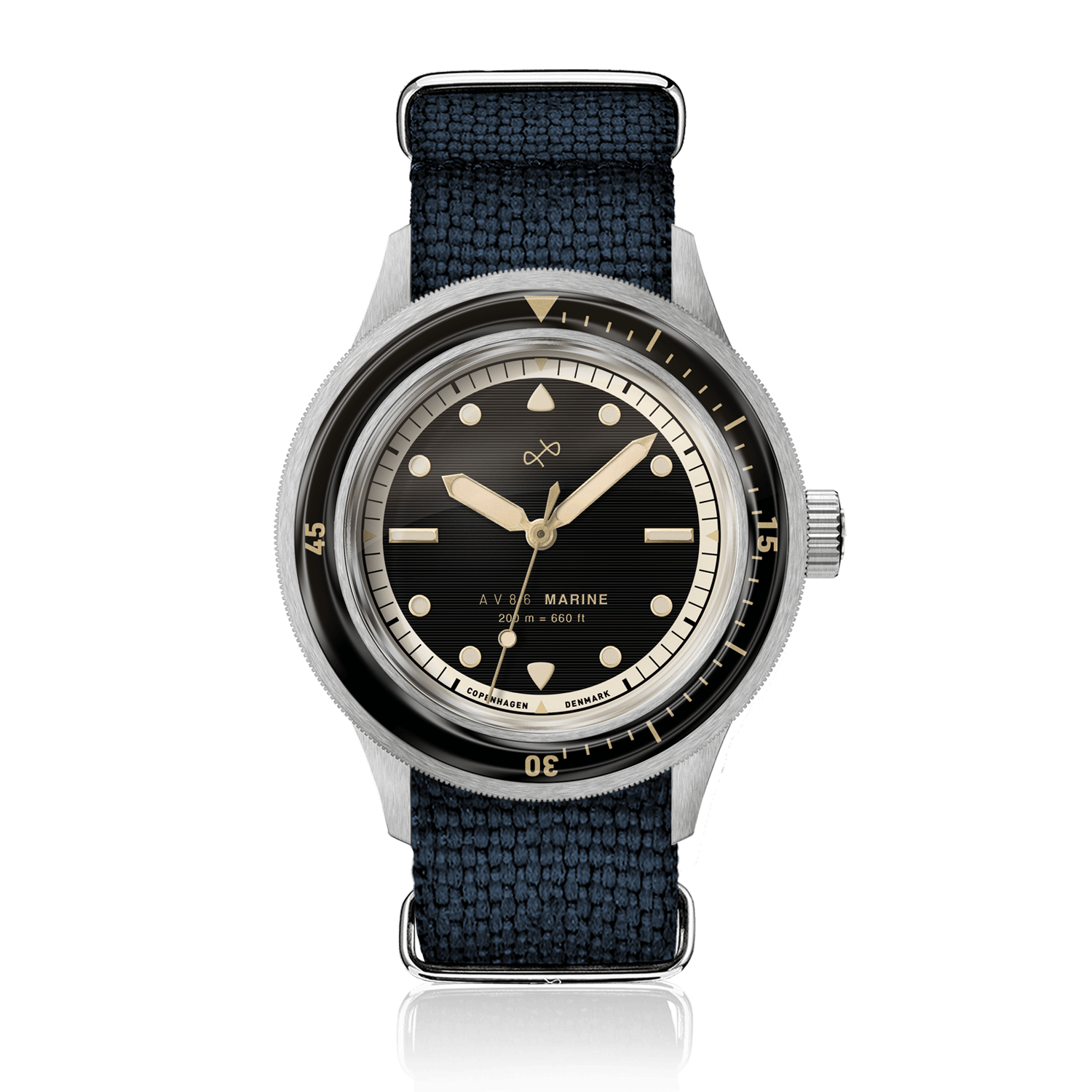 1956 Marine by AV86 vintage-inspired diver watch with sapphire crystal, rotating bezel, and woven fabric strap