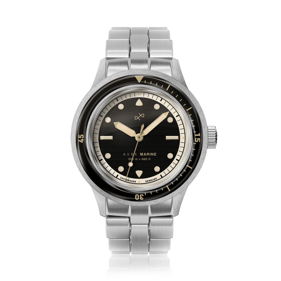 1956 Marine by AV86 vintage-inspired diver with sapphire crystal, rotating bezel, and brushed metal bracelet strap