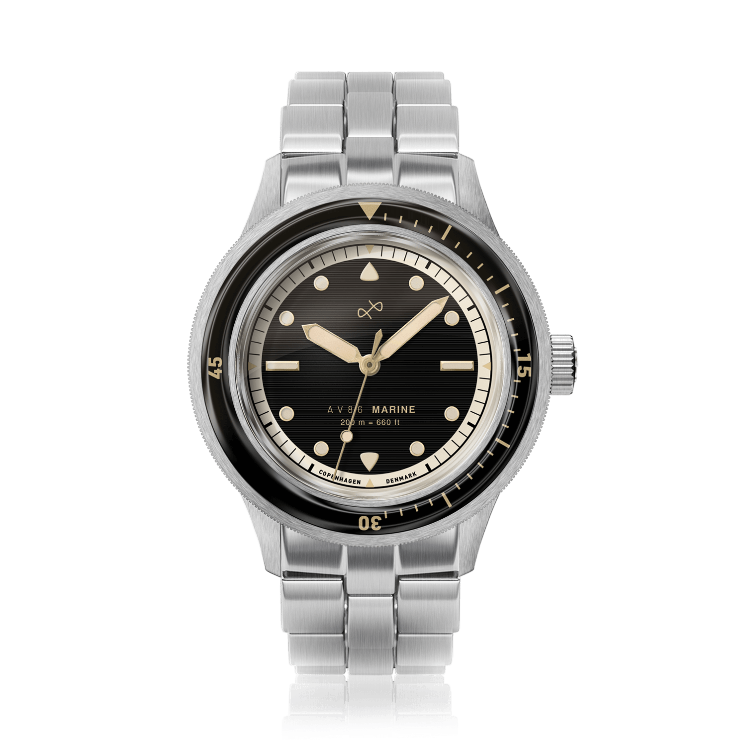 1956 Marine by AV86 vintage-inspired diver with sapphire crystal, rotating bezel, and brushed metal bracelet strap