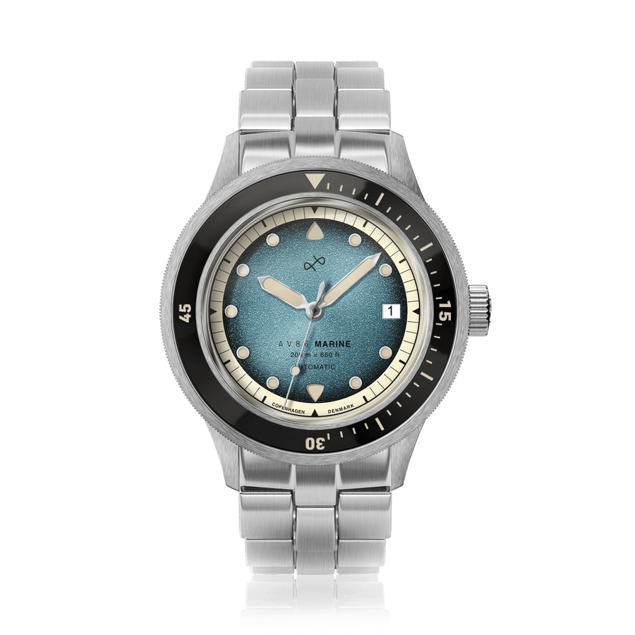 1956 Marine Automatic, Steel / Blue Fade wristwatch by AV86 with stainless steel bracelet and vintage-inspired blue gradient dial