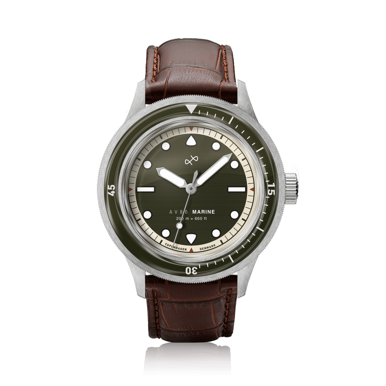 1956 Marine by AV86 vintage-inspired diver with sapphire crystal, rotating bezel, and brown leather strap