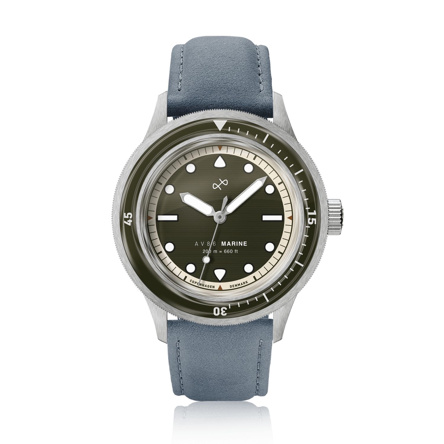 1956 Marine by AV86 vintage-inspired diver with sapphire crystal, compass bezel, and blue leather strap in minimalist Danish design