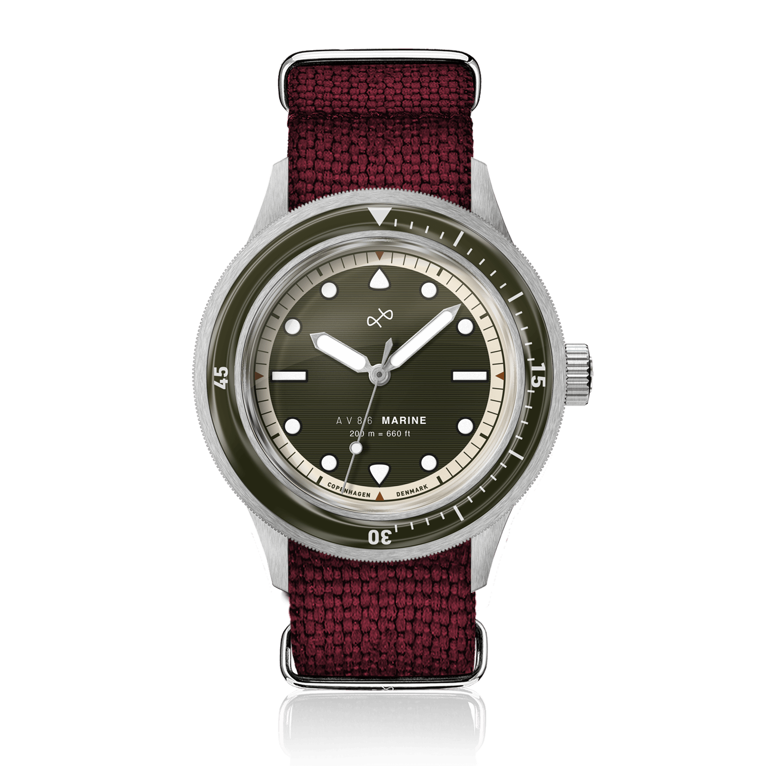 1956 Marine by AV86 vintage-inspired diver with rotating bezel, sapphire crystal, and textured fabric strap