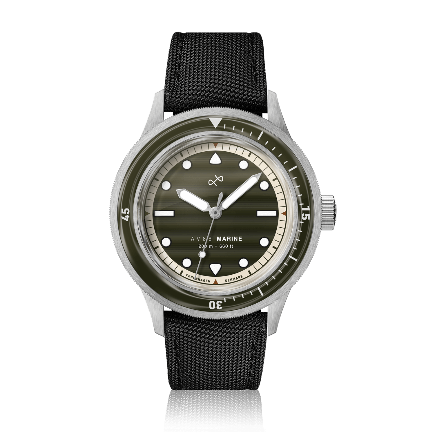 1956 Marine by AV86 vintage-inspired diver watch with sapphire crystal, compass bezel, and black textured fabric strap