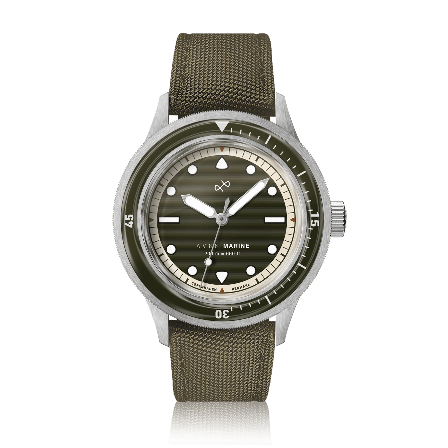 1956 Marine by AV86 vintage-inspired diver watch with sapphire crystal, rotating bezel, and durable fabric strap