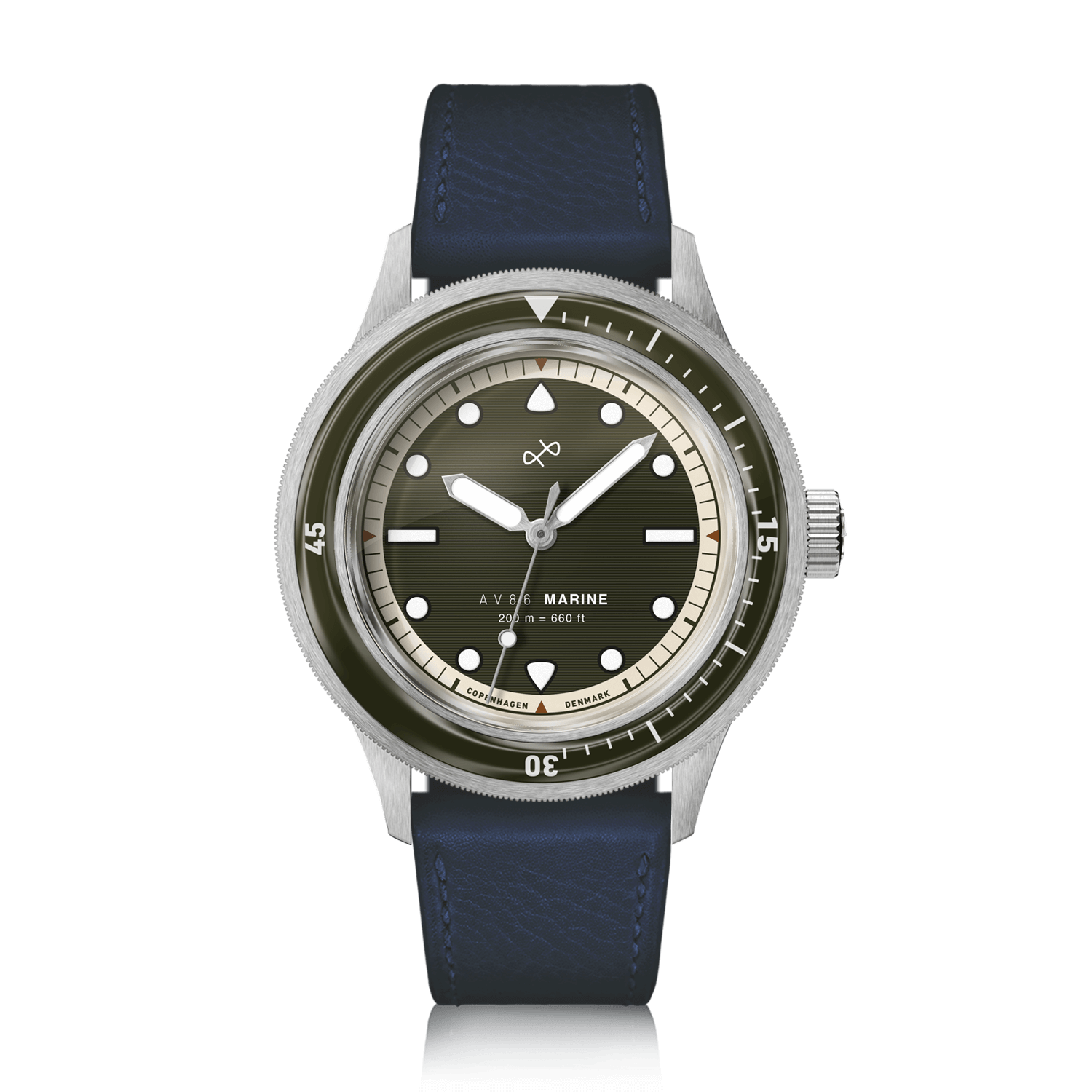 1956 Marine by AV86 vintage-inspired diver with sapphire crystal, rotating bezel, and navy leather strap in Scandinavian design