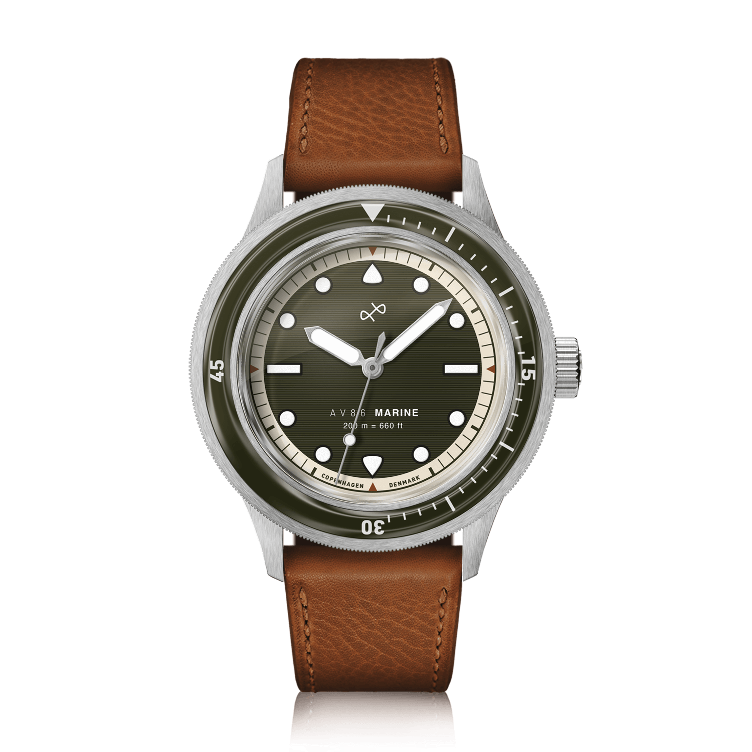 1956 Marine by AV86 vintage-inspired diver with sapphire crystal, rotating bezel, and brown leather strap, 200m water resistance